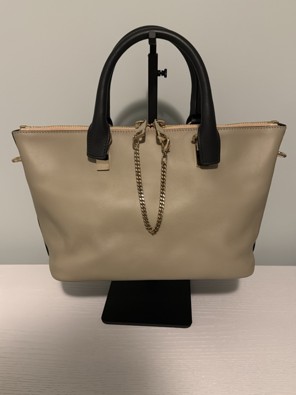 Chloé Baylee 2-Way Tote Black/Cream with Gold Chain Accent